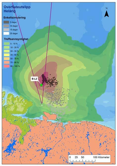 Figuren viser også statistisk influensområde for modellering av 1536 oljeutblåsninger fra lokalitetene. Kilde DNV (Rudberg m.fl., 2012).