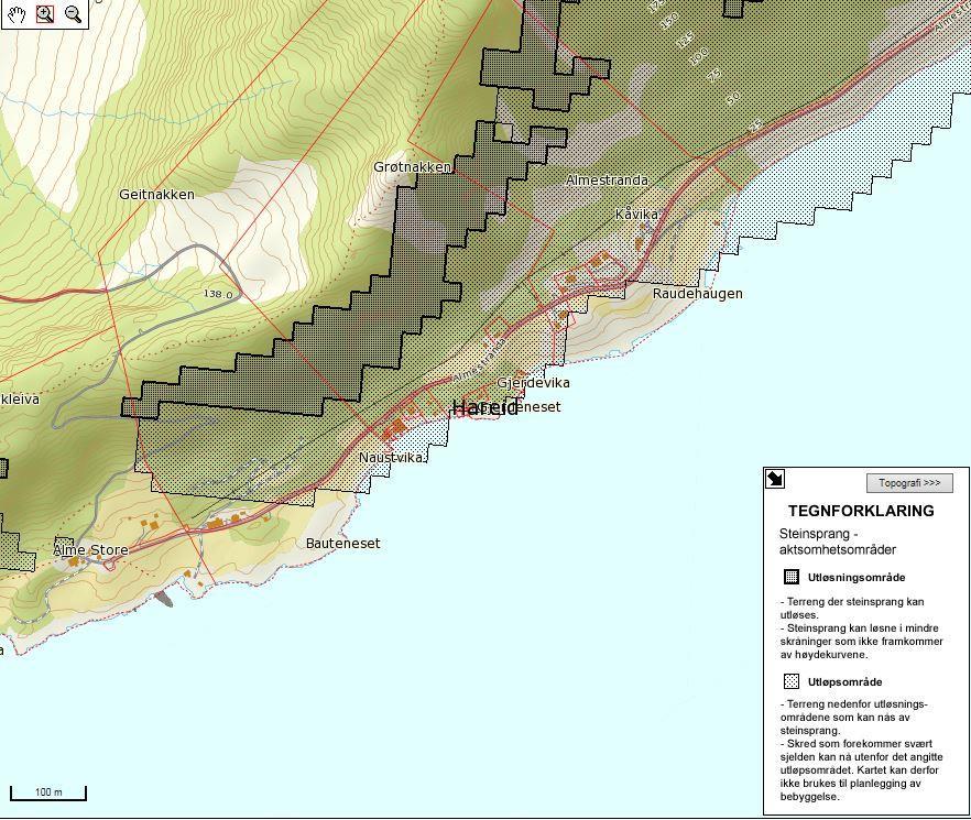 9. Steinsprang NGU sine aktsomhetskart viser at deler av planområdet ligger i utløpsområdet for steinsprang mot øst.
