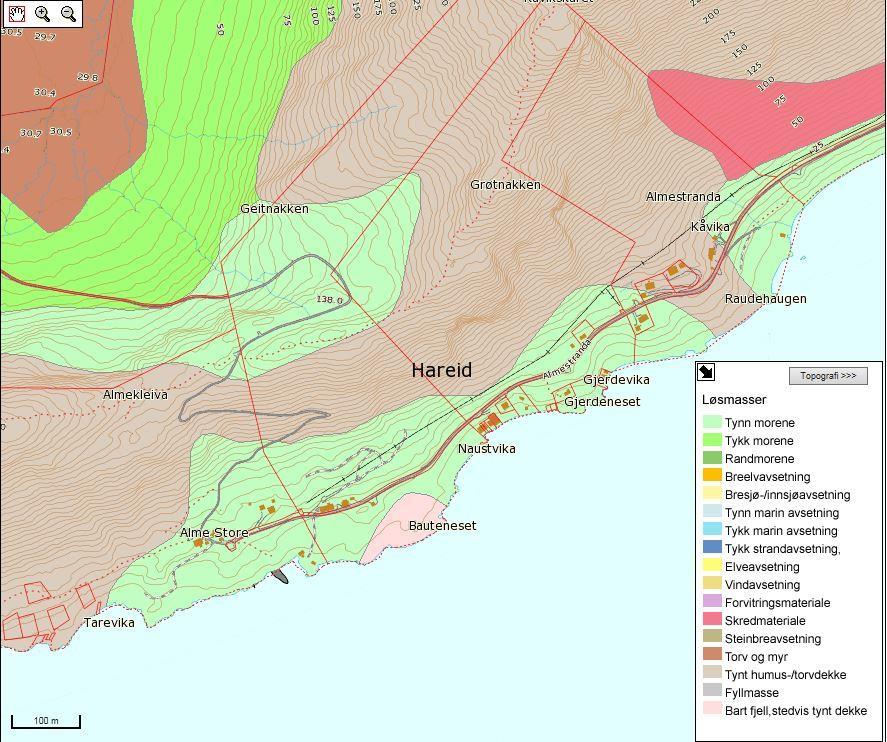 4. Massestabilitet / kvartærgeologiske kart Kvartærgeologiske kart beskriver løsmassedekket og gir informasjon om bl.a. type og mektighet av løsmasser og overflateformer (blant annet eldre skredløp og skredavsetninger).