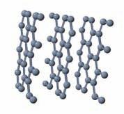Figur 10: Til høgre ser du ein modell av grafitt. Det er lagvis oppbygt med sterke bindingar i laget og relativt svake bindingar mellom laga.