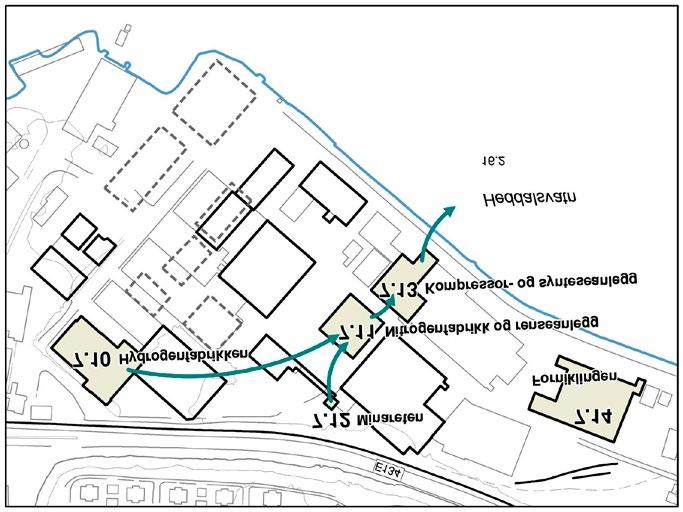 Bygninger tilknyttet produksjonslinjene slik de var i perioden med ammoniakkmetoden på Notodden og Rjukan.