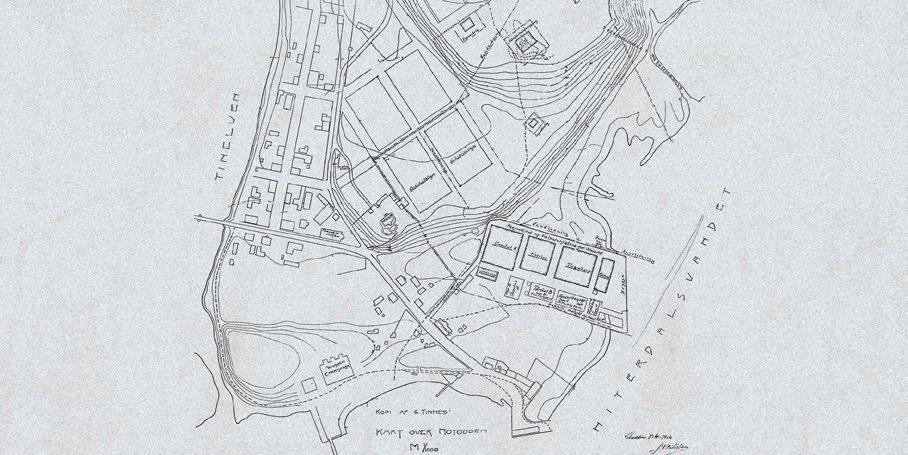 Kart over Notodden 1906, med Hydros prøvefabrikk ved vannet og regulert areal for arbeiderboliger (Grønnebyen), Karbidfabrikken, dampskipsbrygga og Storgata med forretningskvartaler.