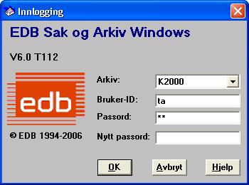 Kapittel 1: Slik bruker du EDB Sak og Arkiv Windows 13 Starte programmet og logge inn Når du har startet PCen og Windows, finner du gjerne programikonet for EDB Sak og Arkiv enten i Start-menyen,