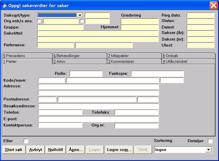 Kapittel 5: Søking i EDB Sak og Arkiv 151 Feltene øverst i bildet har gul bakgrunnsfarge for saker. Hvilke fanekort og hvor mange avhenger av valgt Saksart (øverst til venstre).