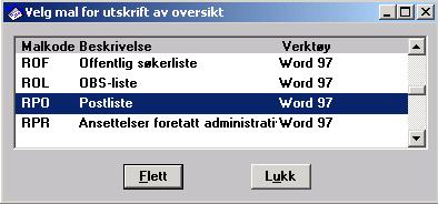 Kun flettefelt 17 som gir samme tekst som overskriften på journalpostlisten, gir noe resultat. Du kan også lage egne maler tilpasset slike utskrifter.