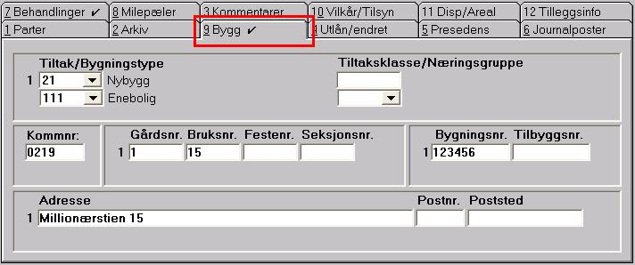 Fanekortet Bygg er delt i flere områder: Tiltak: Tiltak - type tiltak GAB-kode på to tegn, for eksempel 21 / Nybygg. Velg fra nedtrekkslisten.