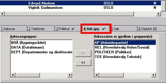 288 Vedlegg D: Modul for styrer, råd og utvalg Fanekortet Adressegrupper Fanekortet Adressegrupper viser hvilke adressegrupper den valgte personen er medlem i: Adressegrupper - listen til venstre på