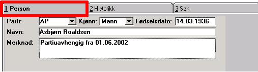 Fanekortet Person - viser informasjon fra adresseregisteret. Fanekortet Søk - i Historikk-bildet virker på samme måte som fanekortet Søk i adresseregisteret.