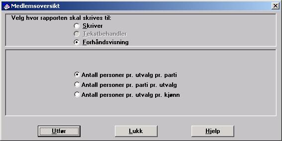 Slik tar du ut en medlemsstatistikk: 1. Klikk Behandling i menylinjen, velg Styrer, råd og utvalg og klikk Medlemsoversikt. 2. Dialogboksen Medlemsoversikt vises.