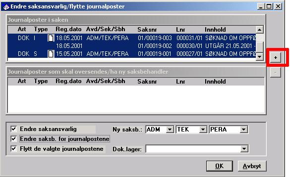 Skjermbilde Endre saksansvarlig / flytte journalposter vises. Oversikten viser hvilke journalposter som er tilknyttet saken.