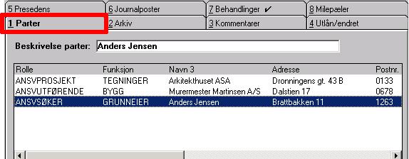 Skriv koden i feltet Kode og trykk TAB-tasten Feltene for navn og adresse fylles da ut automatisk. Du kan også trykke F2-tasten for å søke i adresseregisteret.