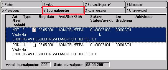 Kapittel 2: Arbeide med saker 51 Dersom tre linjer med informasjon er valgt, får du se følgende informasjon om hver journalpost: 1.