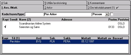 Hvis du høyreklikker i et av feltet Kode/navn/type, får du tilgang til en hurtigmeny som ser slik ut: Nedenfor ser du et eksempel på fanekortet for avsender og mottaker for et notat som har både