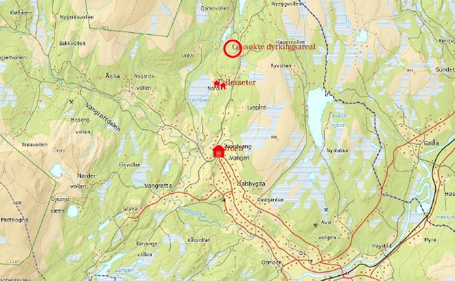 Kartet viser plassering av garden i bygda, fellessetra som søker er med i og plassering av omsøkt dyrkingsareal. Søker disponerer 484 dekar dyrka mark og innmarksbeite.