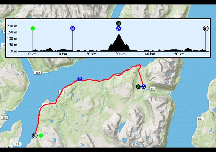 Karusell nr 1 - Snarby Tirsdag 09. mai kl 18:30 Start og mål på Skjelnan (bussholdeplass). Lang løype (58 km): Vending (A) Snarbyeidet.