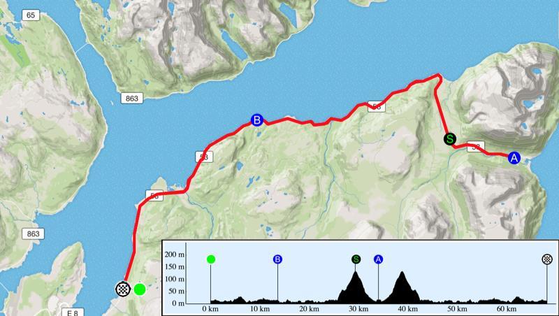 Karusell nr 10 Skjelnan-Oldervik Tirsdag 1. august kl 18:30 Start og mål på Skjelnan (bussholdeplass). Lang løype (67 km): Vending (A) på toppen av første motbakke i Oldervik.