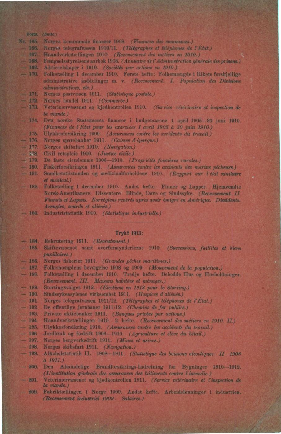 Forts (Suite) Nr 165 Norges kommunale finanser 1908 (Finances des communes) -- 166 Norges telegrafvæsen 1910 1 11 (Télégraphes et teéphones de l'état) - 167 Haandverkstallingen 1910 (Recensement des