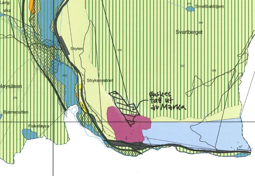 Miljøverndepartementets vurdering: Departementet viser til «at det vil være i strid med intensjonen i markaloven 2 å ta ut ønsket område for å bygge boliger.