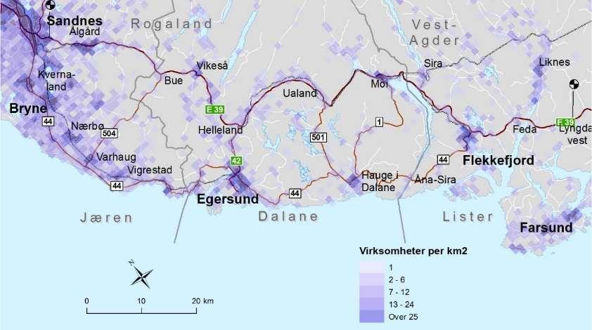 Figur 3-3: Virksomhetstetthet (Kilde:SSB, januar 2015.) Tyngdepunktene for næringslivet følger i hovedsak de samme linjene som for befolknings - mengden.