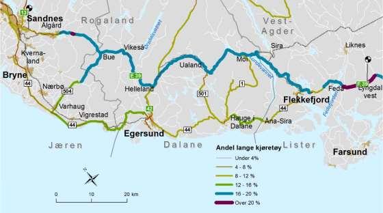 Tungbiltrafikk Det er stor tungbilandel på E39 med 16-20 prosent på store deler av strekningen.