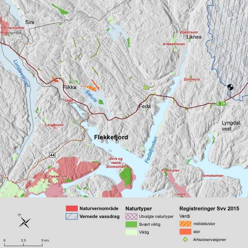 3.6 Naturmangfold Kartene som illustrerer dette kapittelet viser ulike naturverdier registrert i naturbase.no samt registreringer i områder lags dagens E39 av Asplan Viak for Statens vegvesen i 2105.