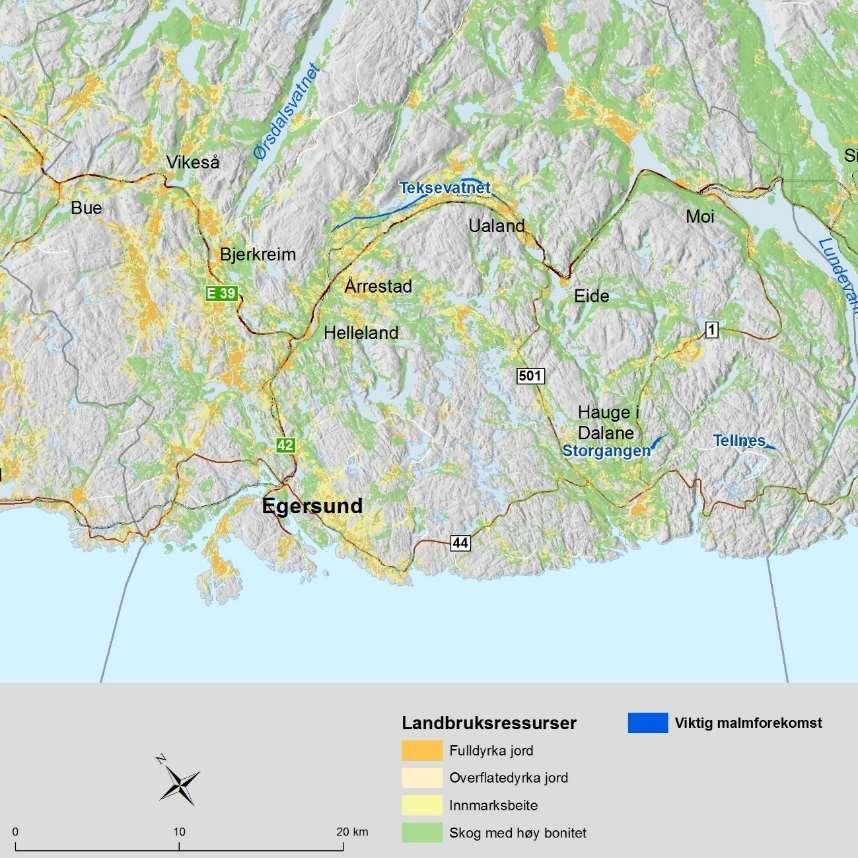 Dalane Også Dalane er i hovedsak preget av småskala landbruk. Noen unntak finnes omkring Ualand og Hauge i Dalane hvor jordbruksarealene er mer sammenhengende.