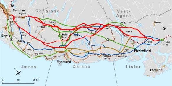 Alternativer 5.1 Idédugnad og siling Som omtalt tidligere omfatter planprogrammet korridorer både langs dagens E39 og over Høg- Jæren. Mellom Lyngdal vest og Sandnes er det ca.