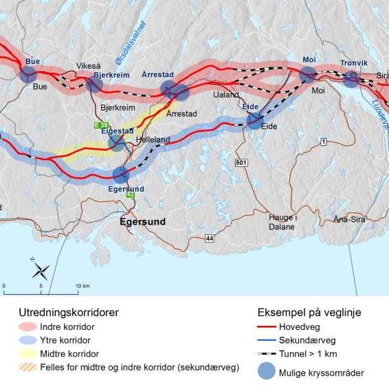 Figur 5-9 Korridorer til konsekvensutredning i Dalane. Korridor for Sekundærveg ved Helleland er kun aktuelt ved valg av indre og midtre korridor. Tunneler over 1 km vises som stiplet linje.