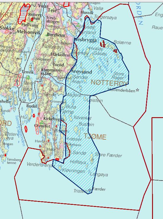 UKL-området ------- blå linje Færder nasjonalpark ------- rød linje 63 store og små øyer 15 000