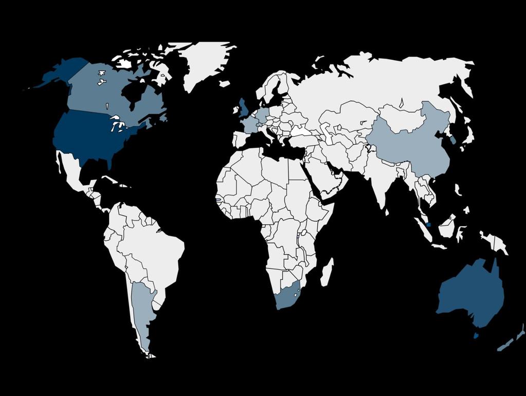 Her ser vi den geografiske spredningen av indøkere på utveksling. Landene er gradert fra mørkt til lyst etter antall studenter i landet.