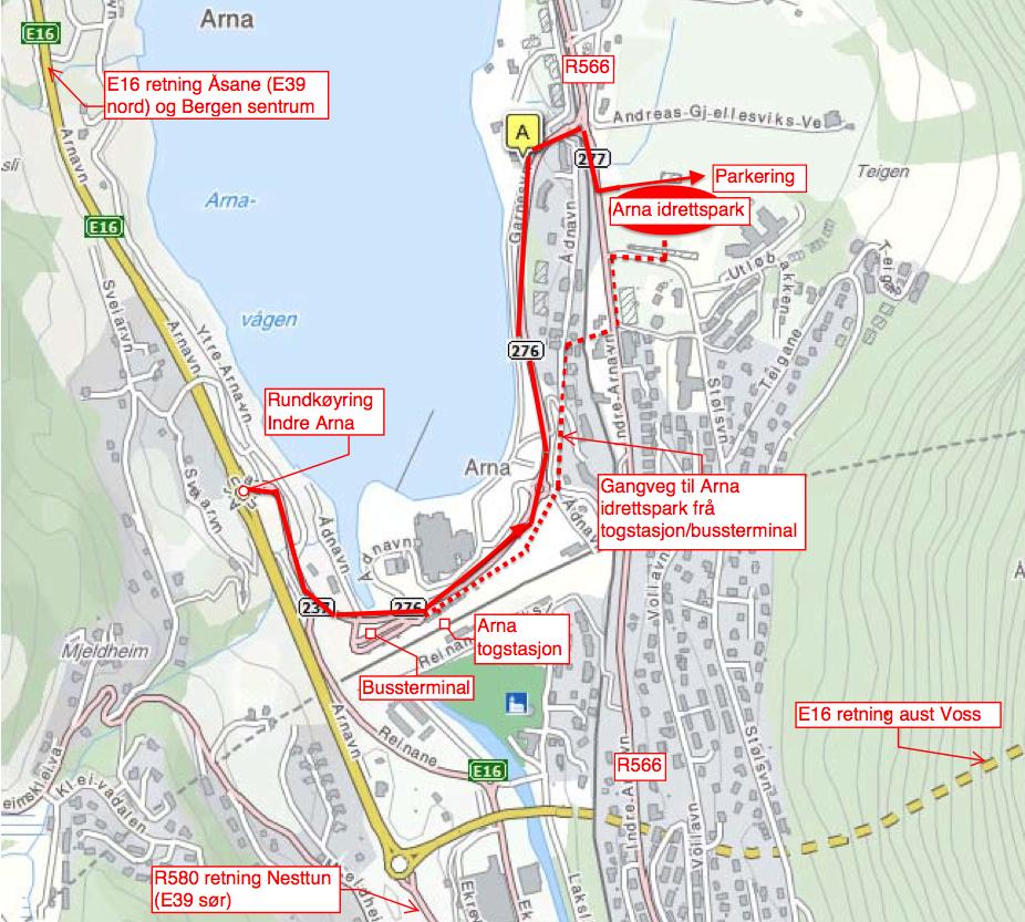 Oversiktskart Indre Arna Arna idrettspark vart åpna i september 2010. Den har 6 løpebaner for 100-400m.