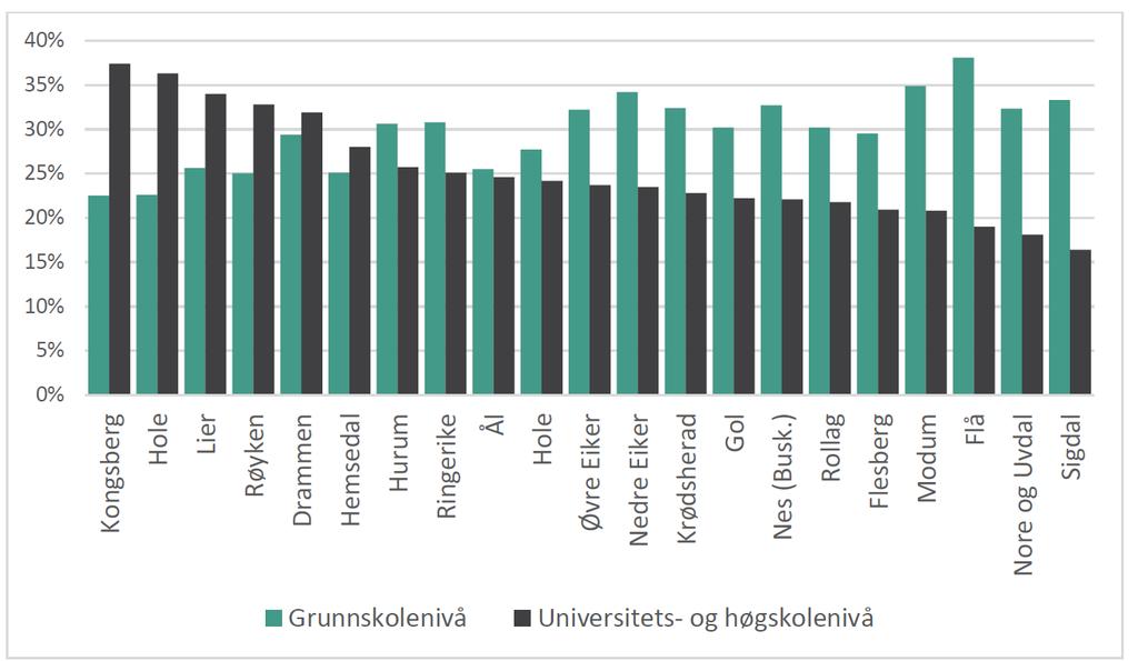 KILDE: 1.3 Utdanning 35 30 25 20 15 10 5 0 Flå Nes (Busk.) Gol Hemsedal Ål Hol Buskerud Norge Fig.