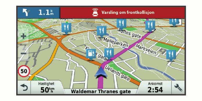 Over fartsgrensen: Enheten spiller av en tone og viser en rød kant på fartsgrenseikonet når du overskrider den gjeldende fartsgrensen.