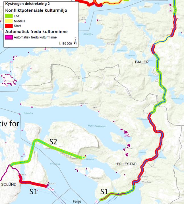 Figur 3-3: Konfliktpotensial for kulturmiljø langs delstrekning 2: Ruteldal-Dalsfjordbrua og Solund Samband til Solund Det er vurdert to alternativ for å korte inn reisetida til Solund.