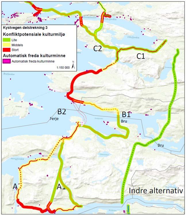 Figur 3-4: Konfliktpotensial for kulturmiljø langs delstrekning 3: Dalsfjordbrua-rv.5.