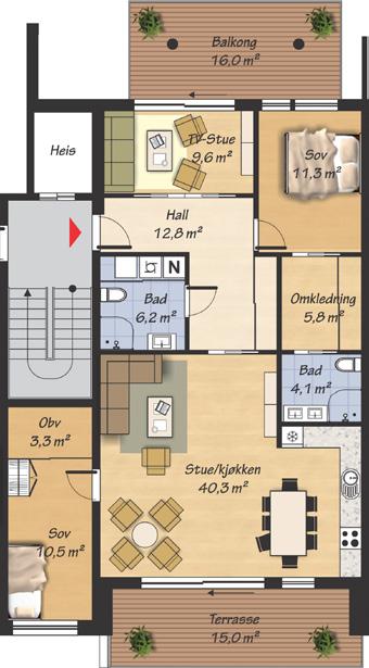 ØK4 / Plantegninger / 3. etg Leilighet 32 Gjennomgående toppleilighet med flott planløsning og 2 terrasser. GRAVDAL.