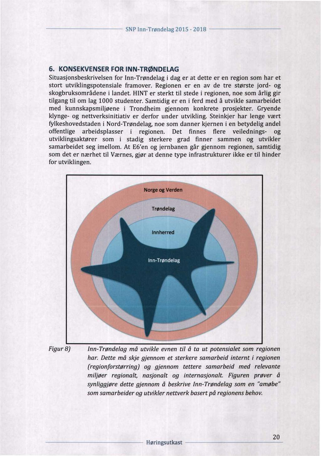 SNP Inn-Trøndelag 2015 ~ 2018 t* sa 6. KONSEKVENSER FOR INN-TRØNDELAG Situasjonsbeskrivelsen for Inn-Trøndelag i dag er at dette er en region som har et stort utviklingspotensiale framover.