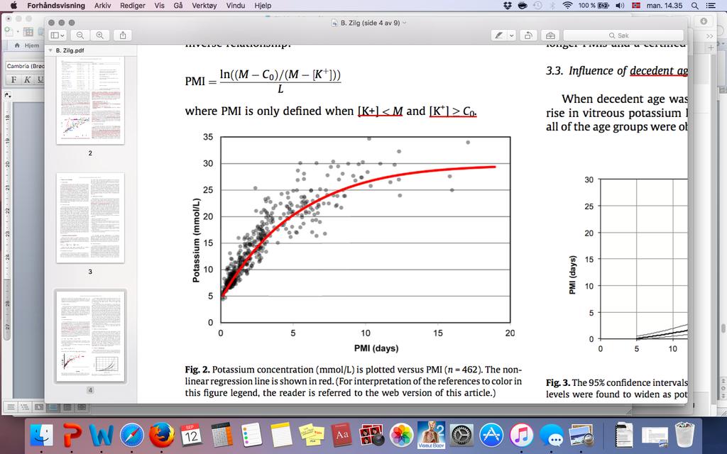 Figur 8 Regresjonsanalyse for K + ved ulike omgivelsestemperaturer. De stiplete linjene i B viser 95 % konfidensintervall dersom omgivelsestemperaturen ikke tas i betraktning. Hentet fra Rognum et al.