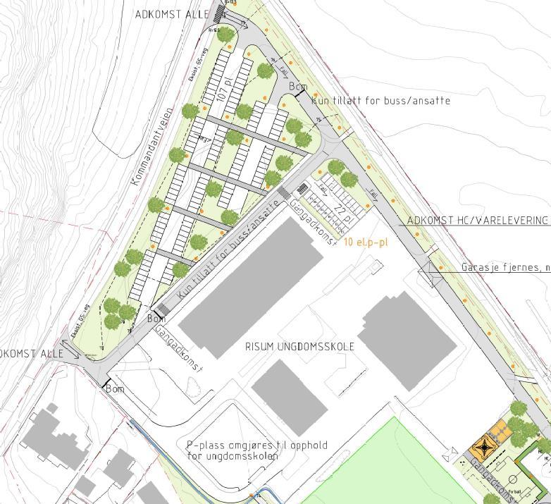 3.3 Atkomst og parkering Allmenn atkomst til skolen vil skje fra områdets sør- og nordvestlige hjørner, fra Kommendantveien. Disse atkomstene fører til parkeringsområdet.