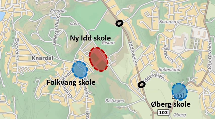 Alle linjer unntatt R1 er tilpasset skolens start- og sluttider og antas derfor å dekke behovet til elevene ved Folkvang skole og Risum videregående skole.