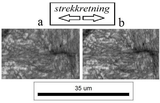 Figur 34 viser Image Quality for strekkhastighet 0,1 mikrometer per sekund under pågående strekking (a), og etter endt strekking (b).