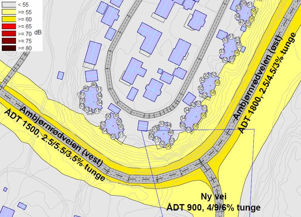 10 NY VEITRASÉ AMBJØRNRØD Langs Ambjørnrødveien vil enkelte boliger få en marginal økning på 1 db på mest støyutsatte fasade, se Figur 4.