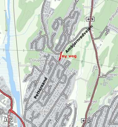 NY VEITRASÉ AMBJØRNRØD 3 Figur 1: Ny veitrasé mellom Pettersand og Ambjørnrød, åpen for trafikk høsten 2016. 2 FORSKRIFTER OG GRENSEVERDIER 2.