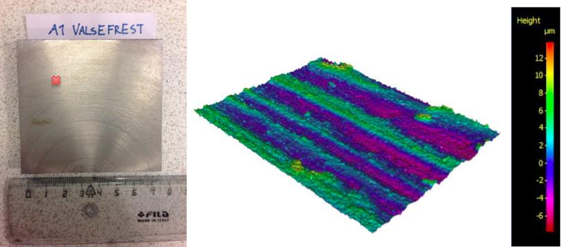 Appendiks D 3D- bilder av ulike overflater Figur 56: Viser valsefrest prøve (A1), samt tilhørende 3D- bilde av punktet merket med rødt kryss.