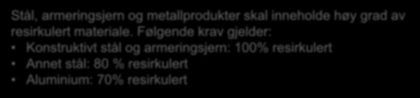 Prosjektspesifikke miljøkrav - eksempler Stål, armeringsjern og metallprodukter skal inneholde høy grad av resirkulert materiale.