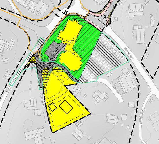 Figur 2 Planområdet, vist med blått omriss, vist opp mot kommuneplan t.v., og tilgrensende reguleringsplan t.h. (planid:17160000).