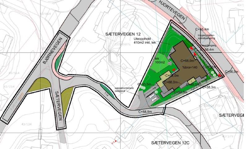 Planforslaget tar hensyn til fremtidig utvidelse av Hjortevegen for plass til gang- og sykkelvei. Avstand fra byggegrense til fremtidig gang- og sykkelvei er på 2 meter.