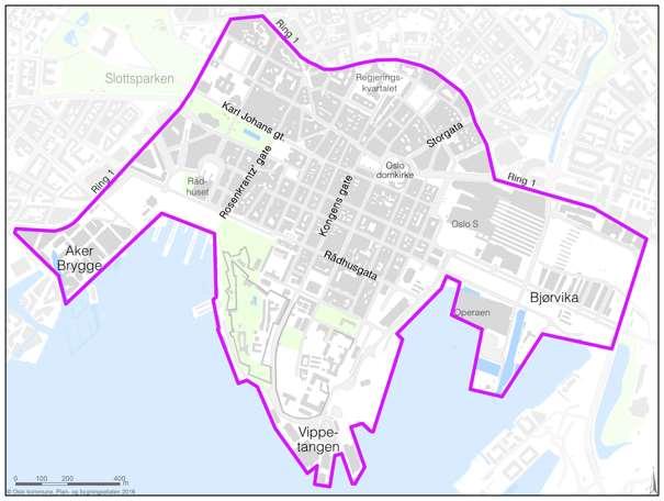 54 FIGUR 3: Oslo sentrum avgrenset av Ring 1. En del av veiene/gatene innenfor sonen er riksveier.