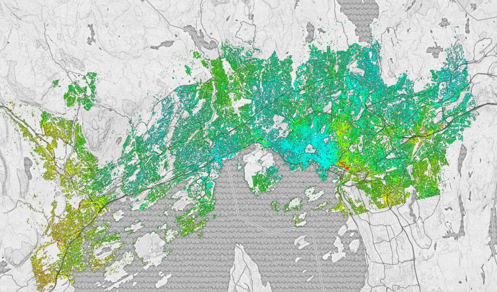 7.2 InSAR resultat for Oslo med omegn Det fargete områdene i Figur 12 under viser hvor deformasjonsdata ble fremstilt. Ca. 1.7 millioner målepunkt ble produsert over et areal på ca. 450 km 2.