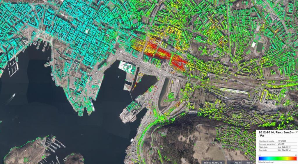 InSAR Resultater Oslo Bjørvika. Figur 14 under viser fremstilte deformasjonsdata over området Bjørvika i Oslo.